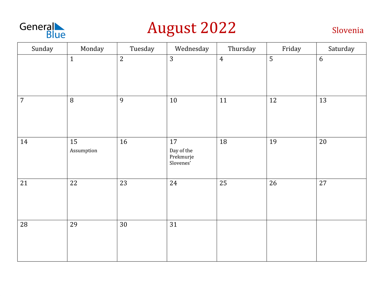 August 2022 Calendar - Slovenia