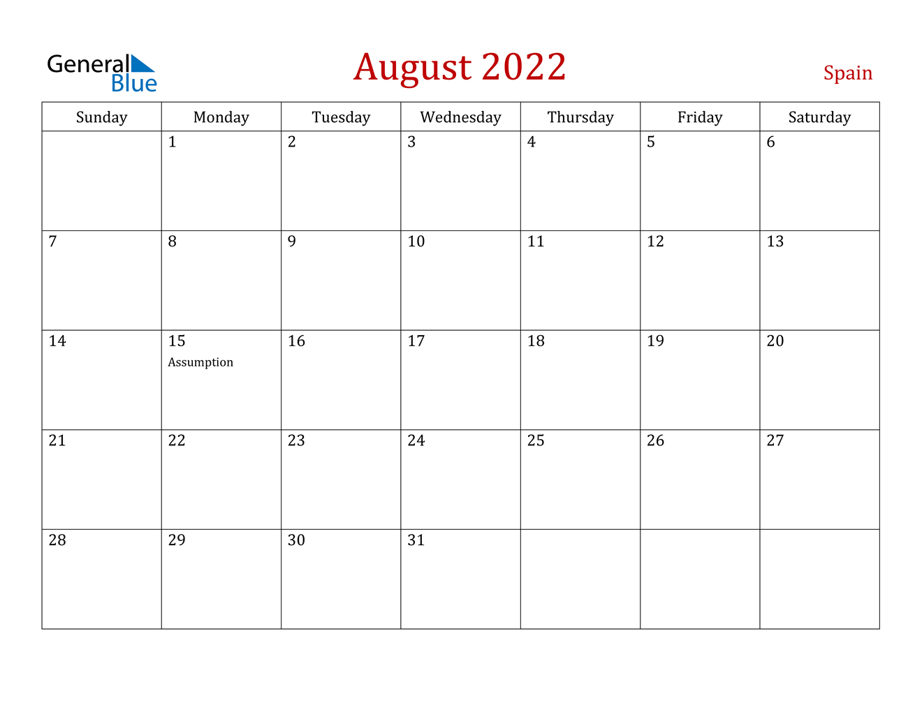 August 2022 Calendar - Spain