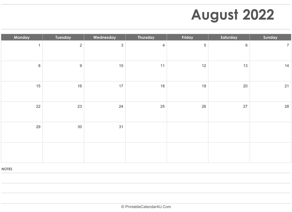 August 2022 Calendar Templates