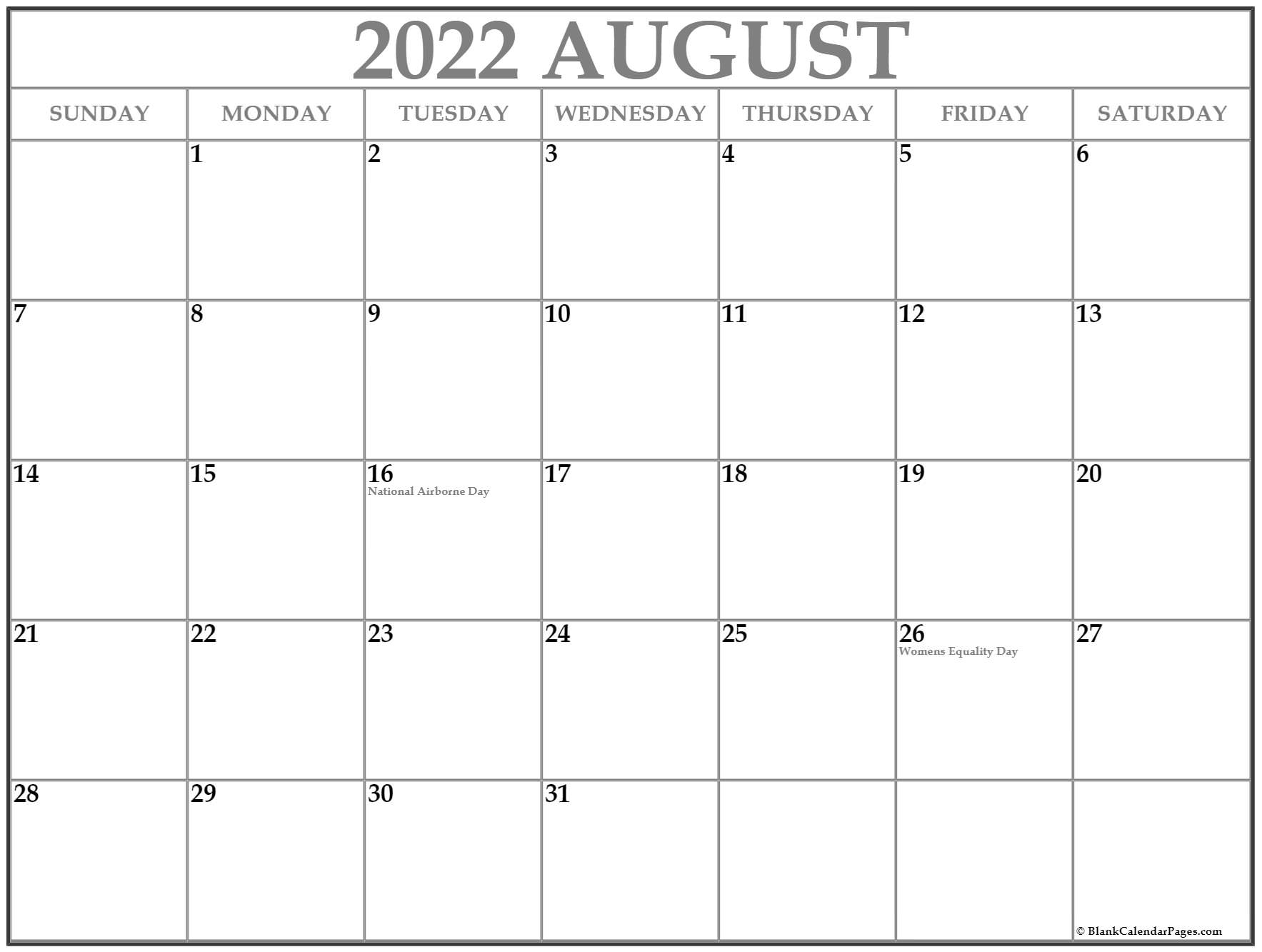 August 2022 Calendar With Holidays