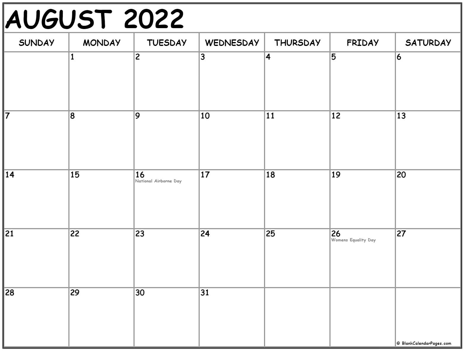 August 2022 Calendar With Holidays