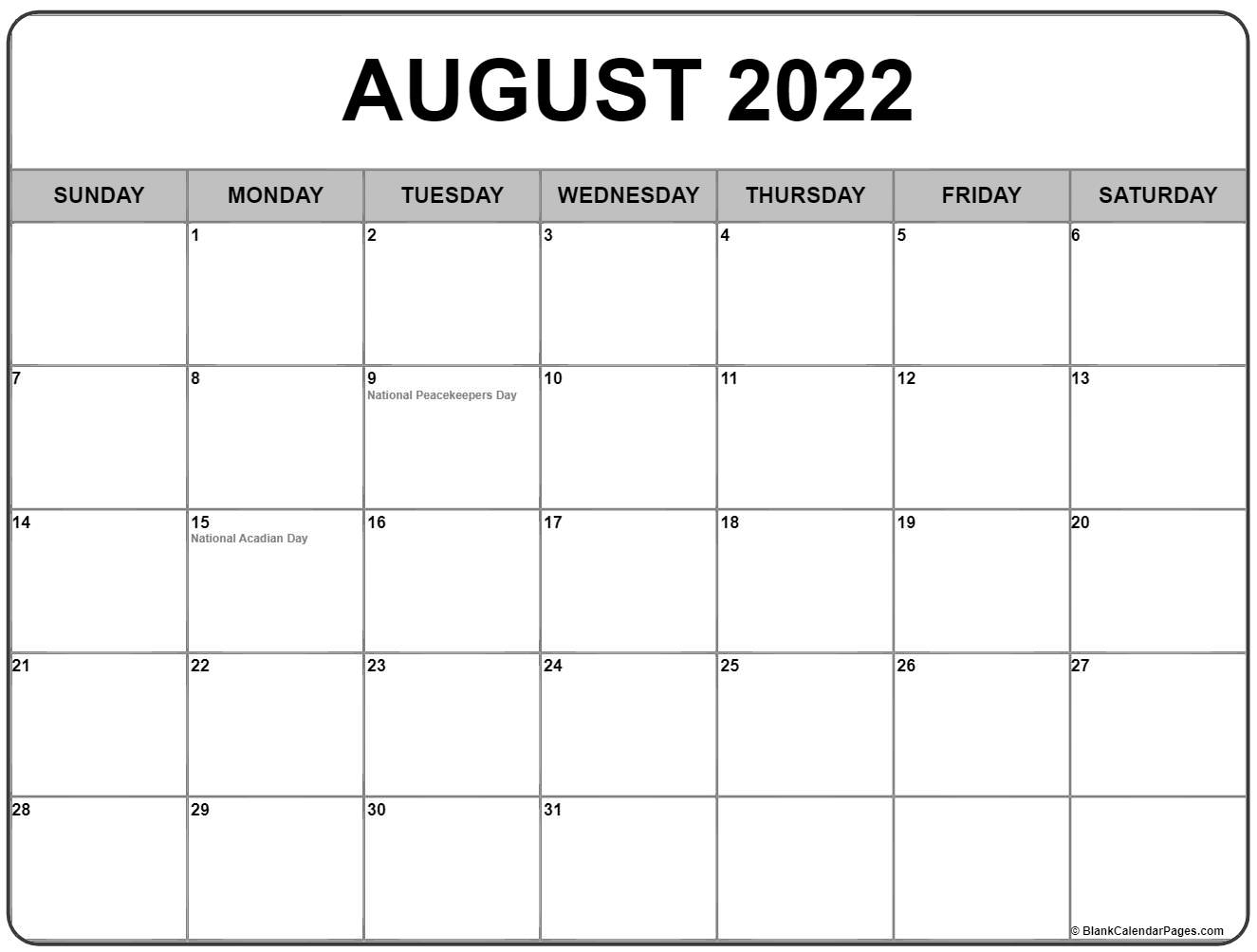 August 2022 Calendar With Holidays