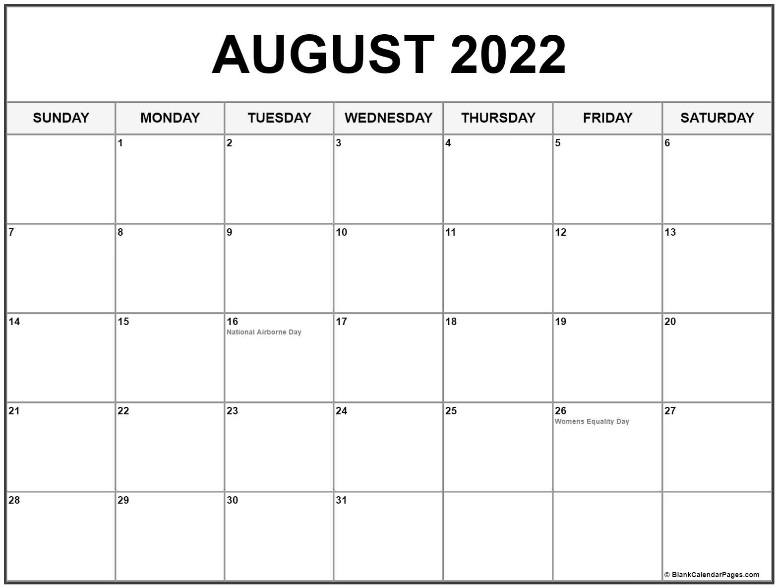 August 2022 Calendar With Holidays