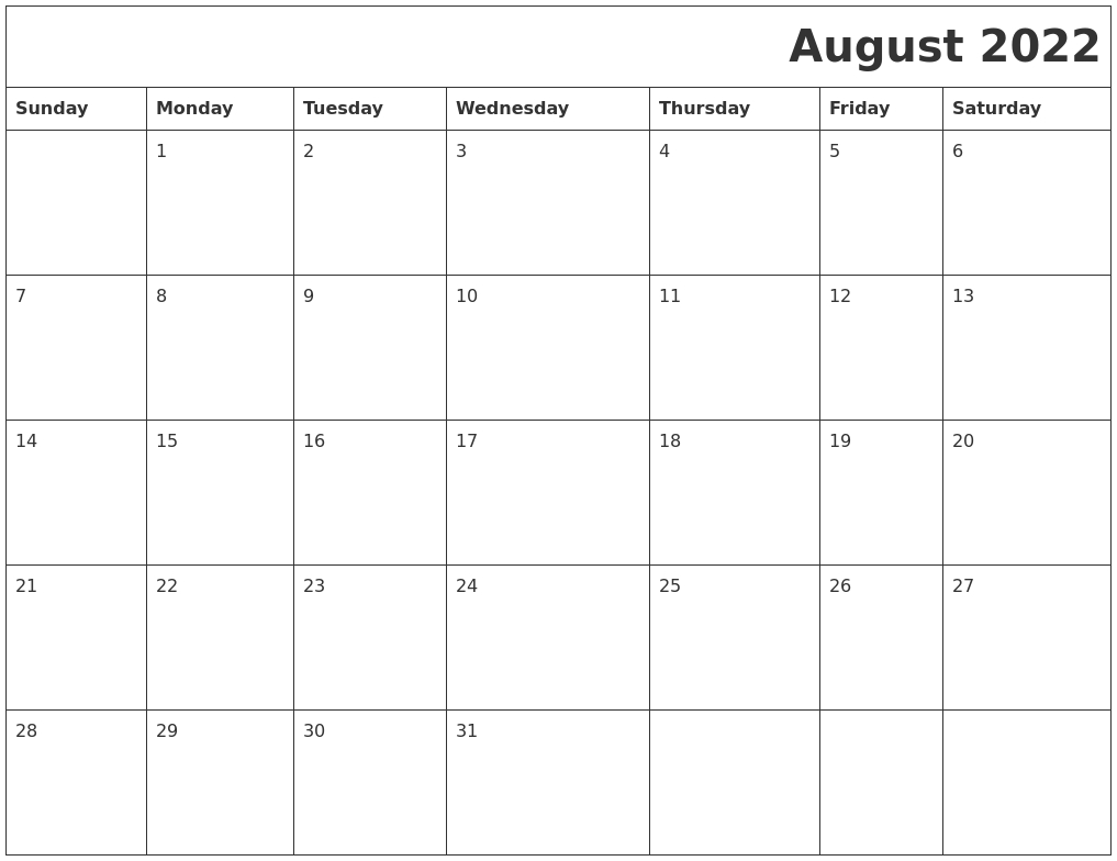 August 2022 Download Calendar