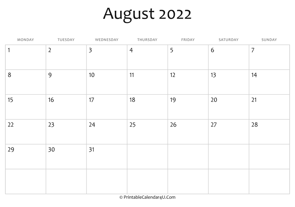 August 2022 Editable Calendar With Holidays