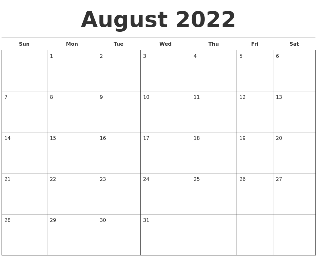 August 2022 Free Calendar Template