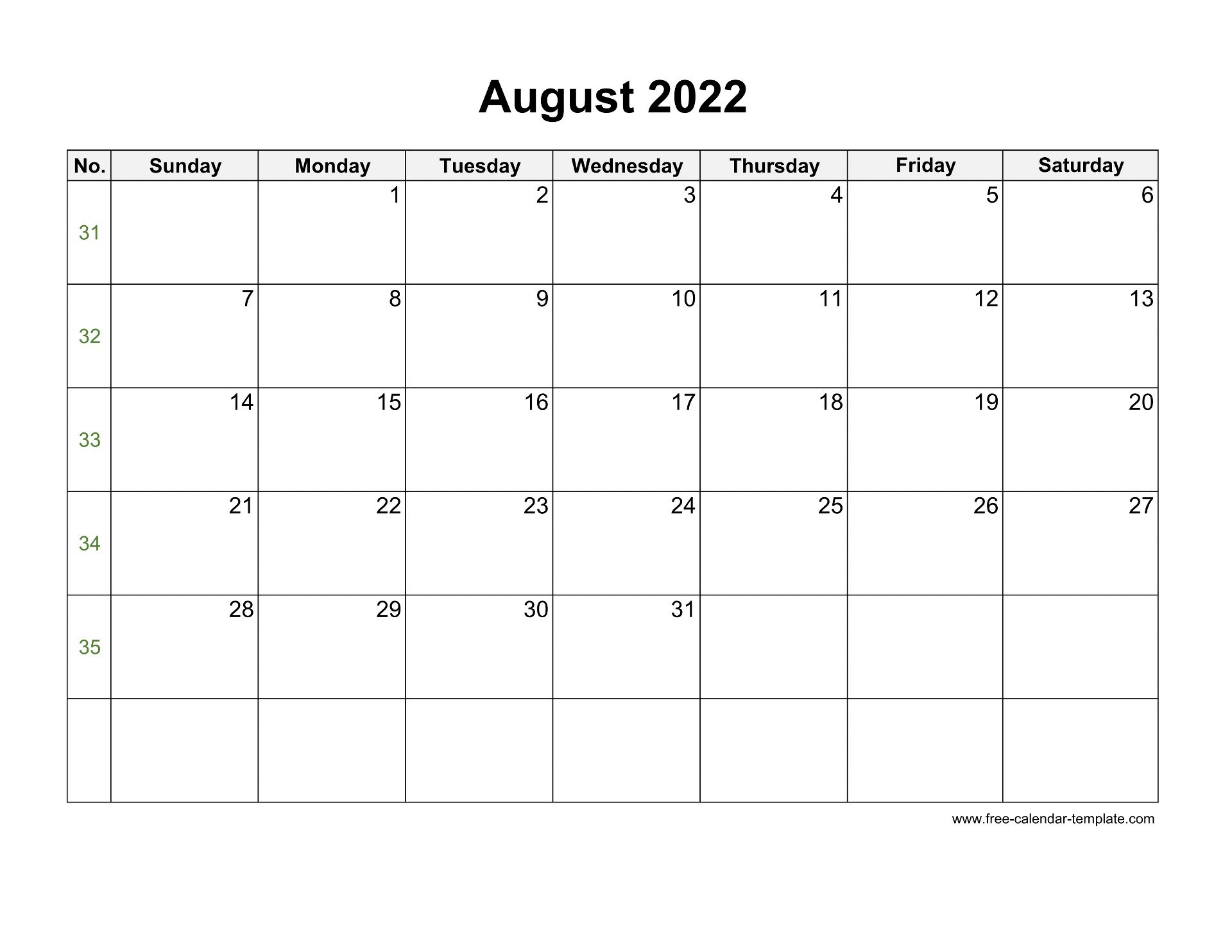 August 2022 Free Calendar Tempplate | Free-Calendar