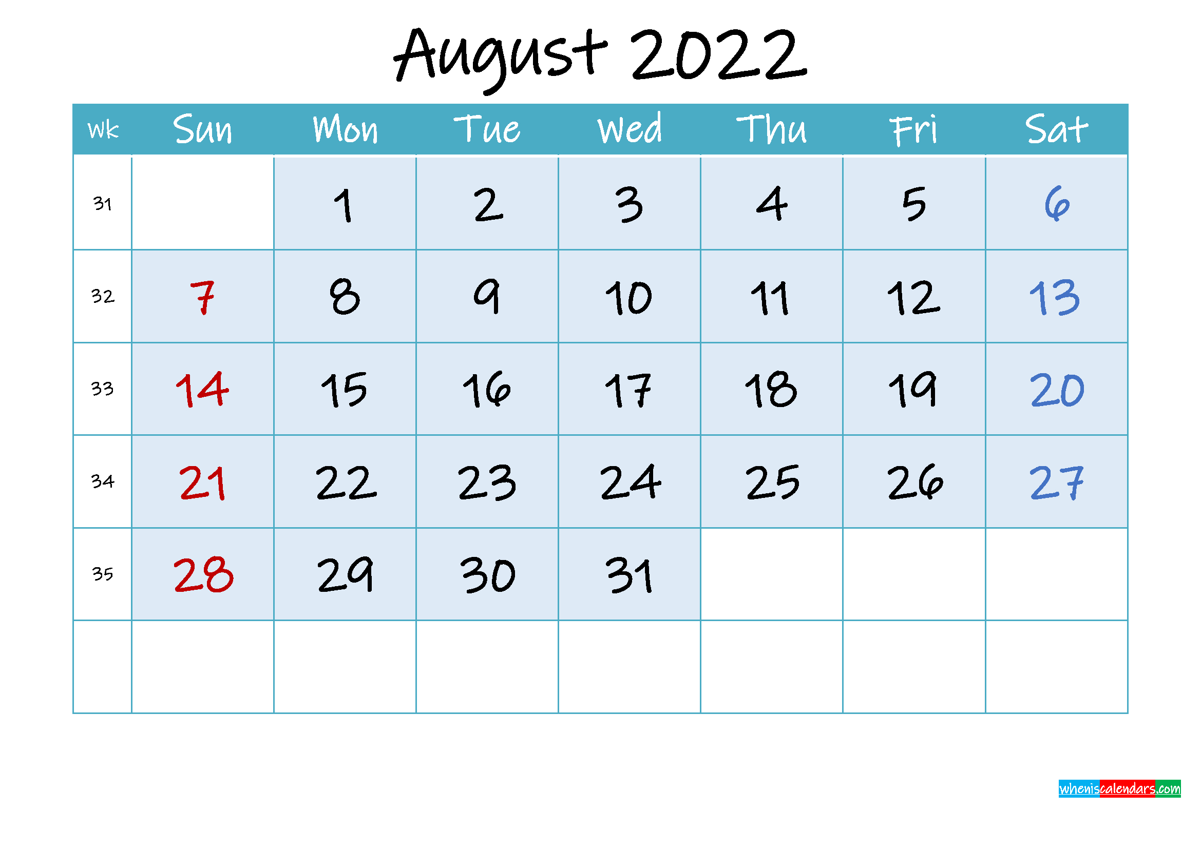 August 2022 Free Printable Calendar With Holidays