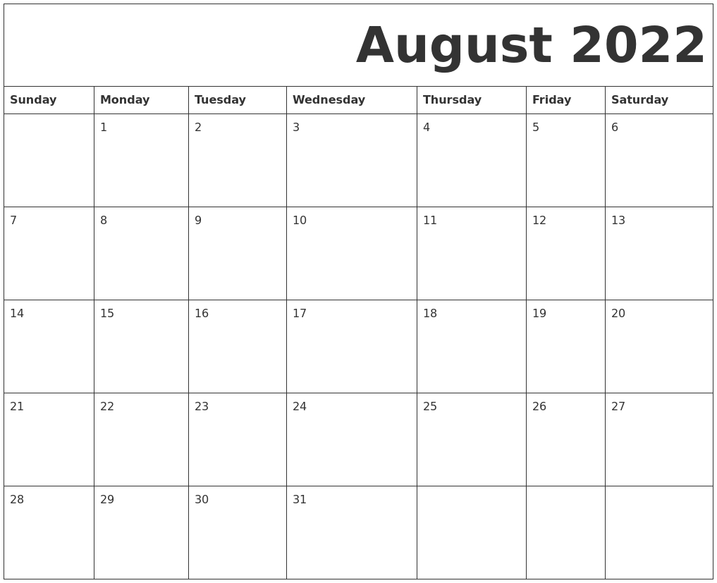 August 2022 Free Printable Calendar