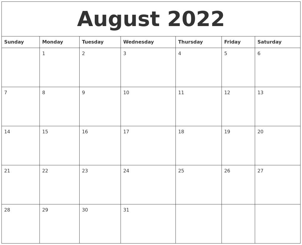 August 2022 Free Printable Monthly Calendar