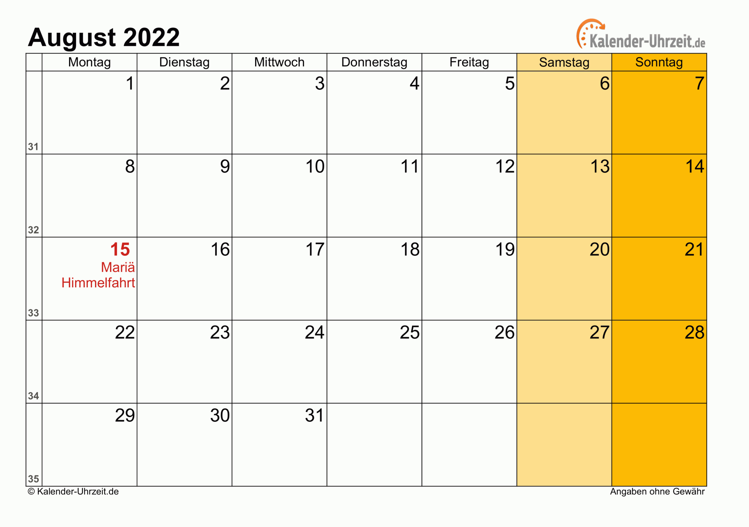 August 2022 Kalender Mit Feiertagen
