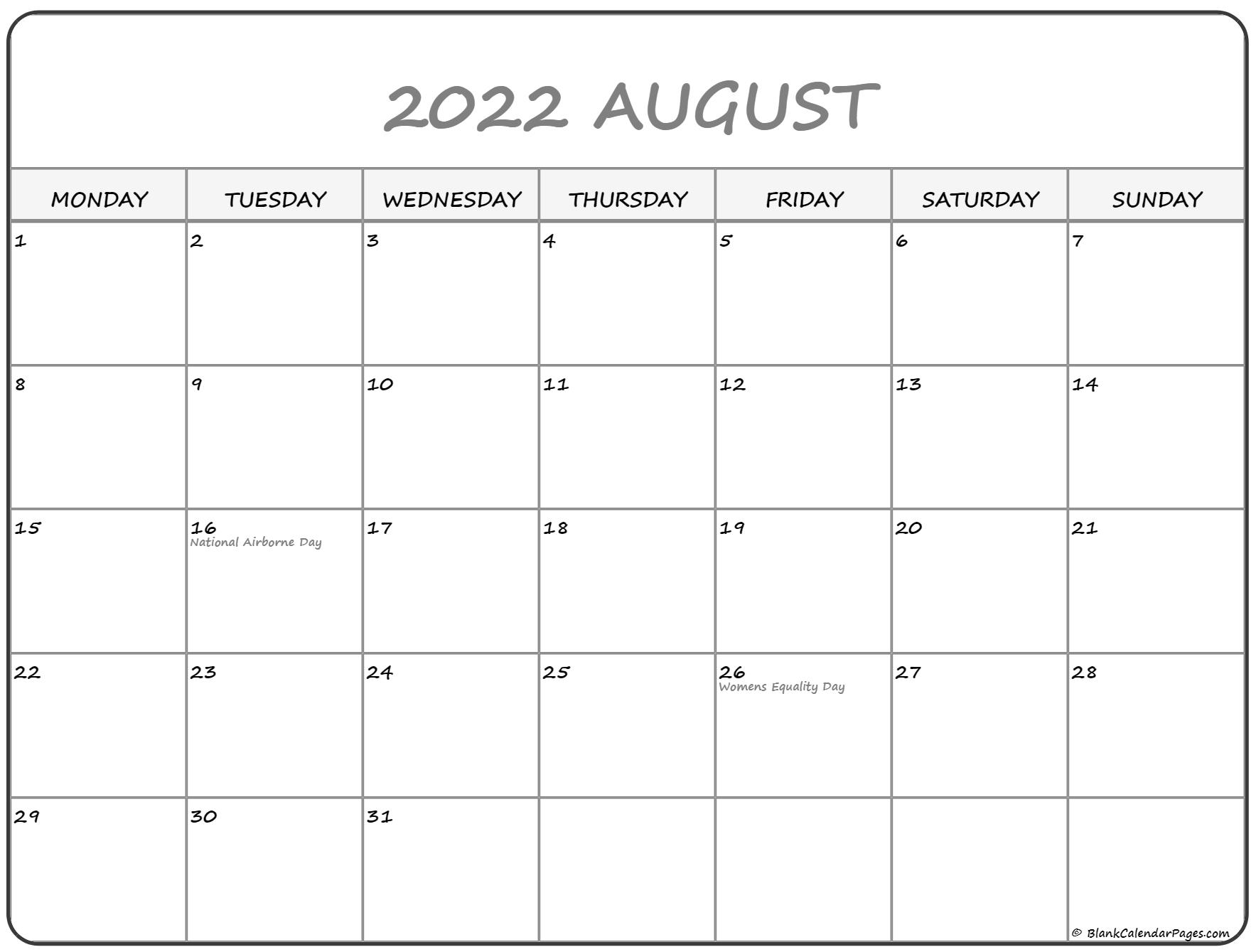 August 2022 Monday Calendar | Monday To Sunday