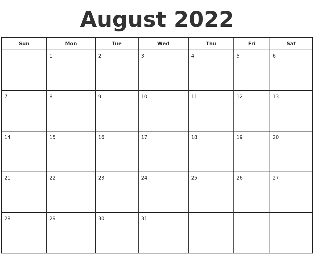 August 2022 Print A Calendar