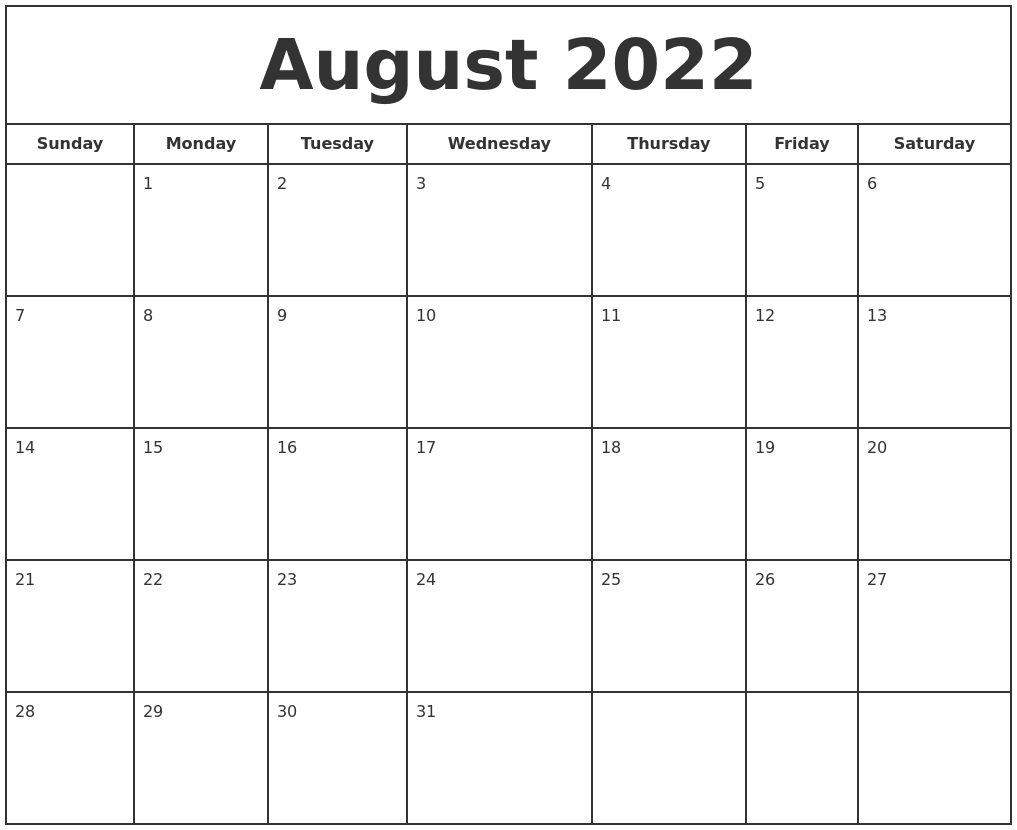 August 2022 Print Free Calendar