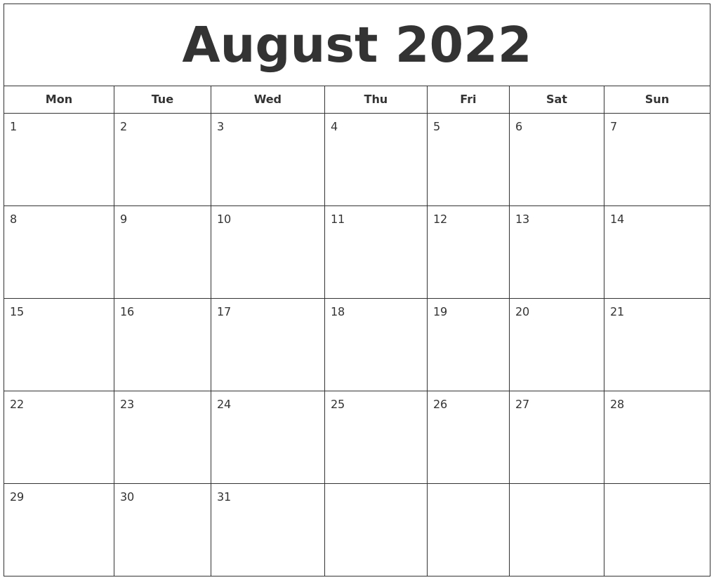 August 2022 Printable Calendar