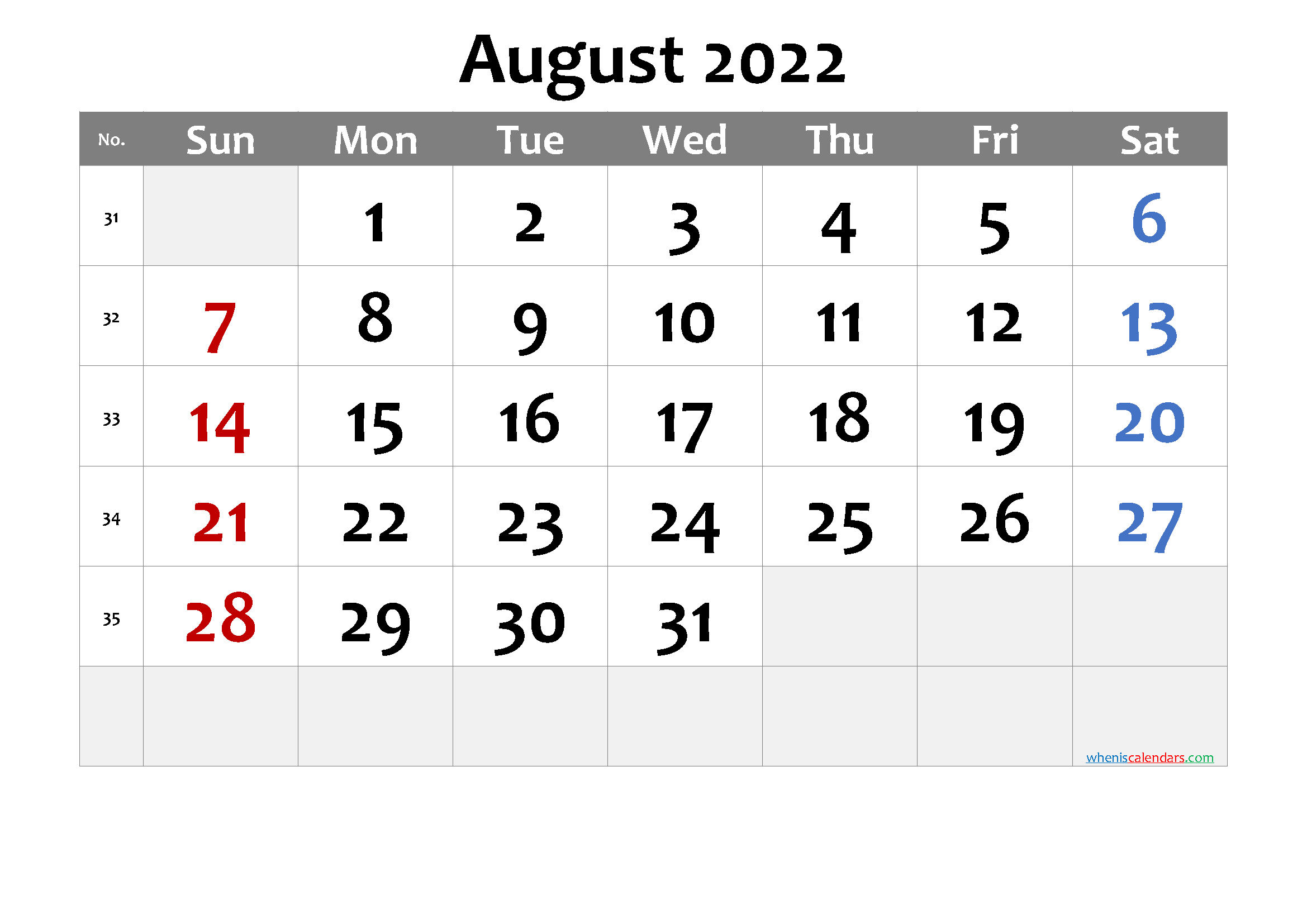 August 2022 Printable Calendar - 6 Templates