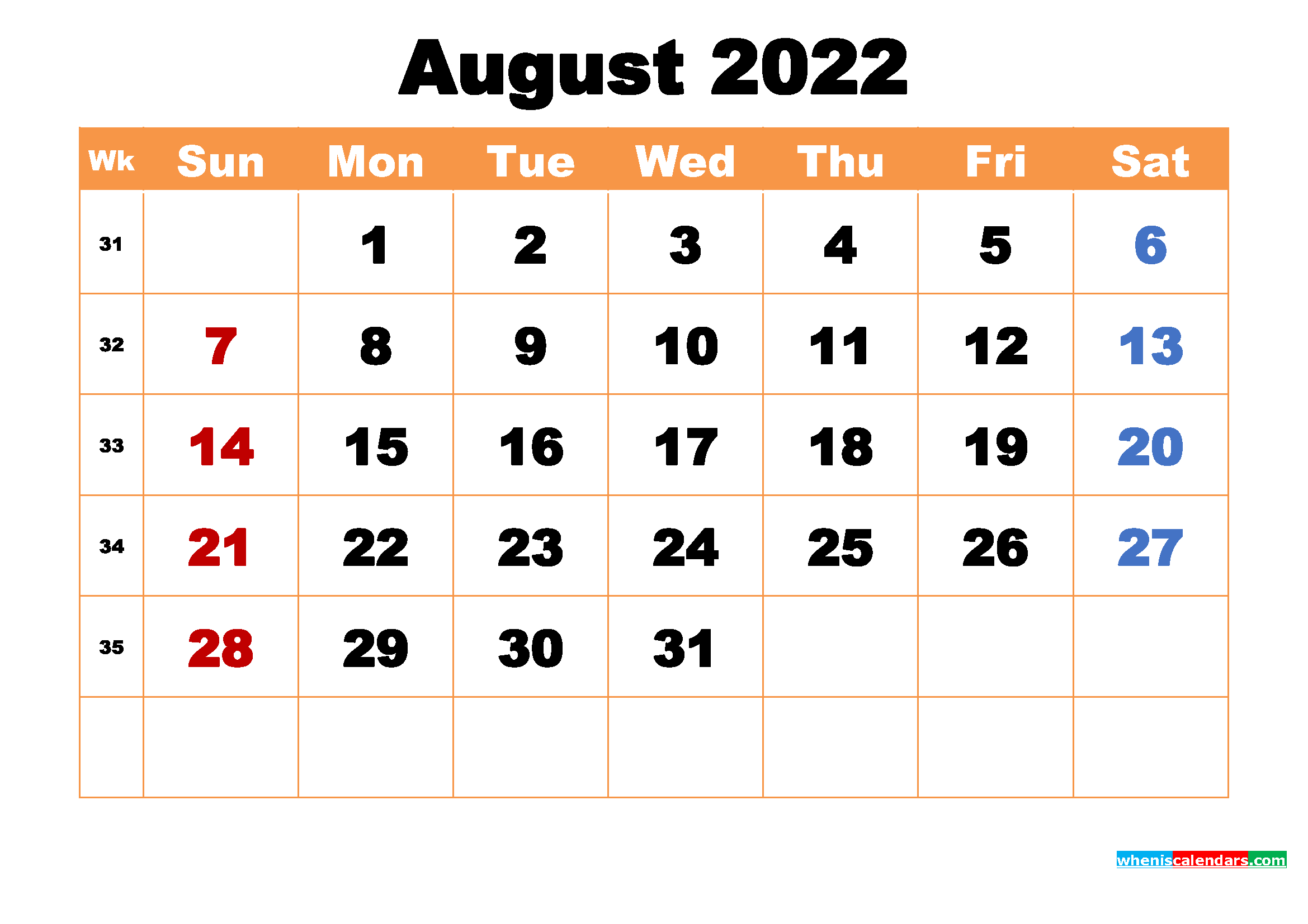 August 2022 Printable Monthly Calendar With Holidays