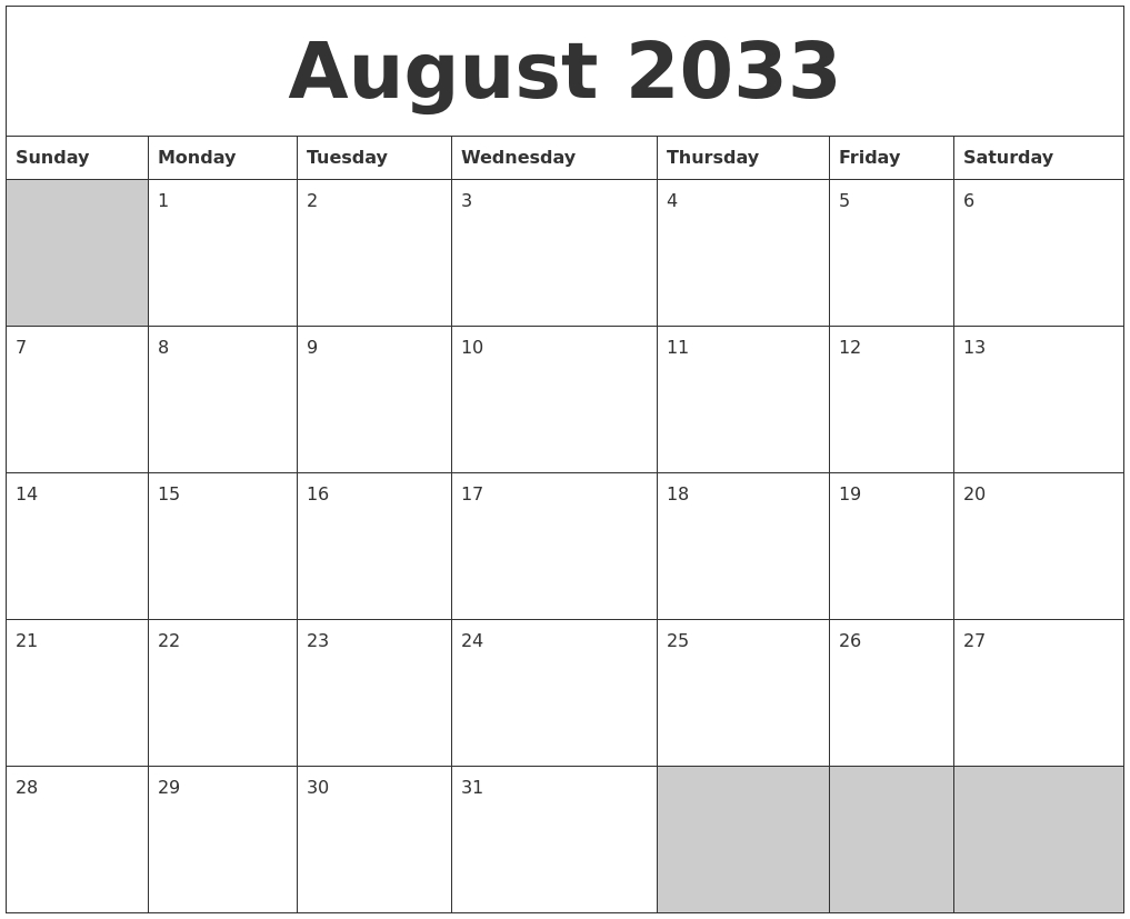 August 2033 Blank Printable Calendar