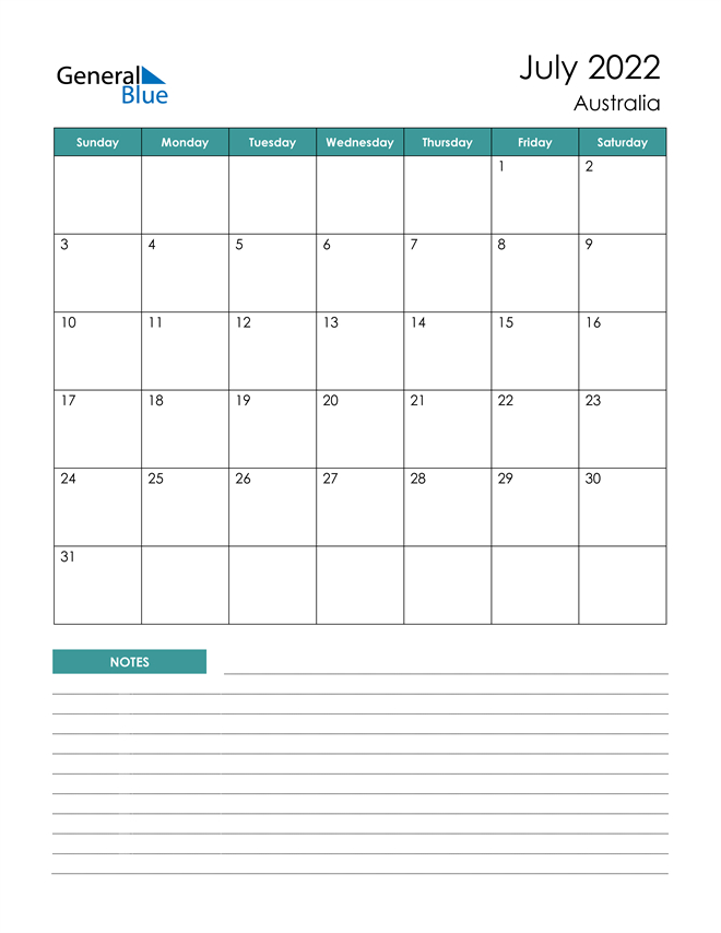 Australia July 2022 Calendar With Holidays