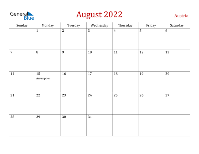 Austria August 2022 Calendar With Holidays