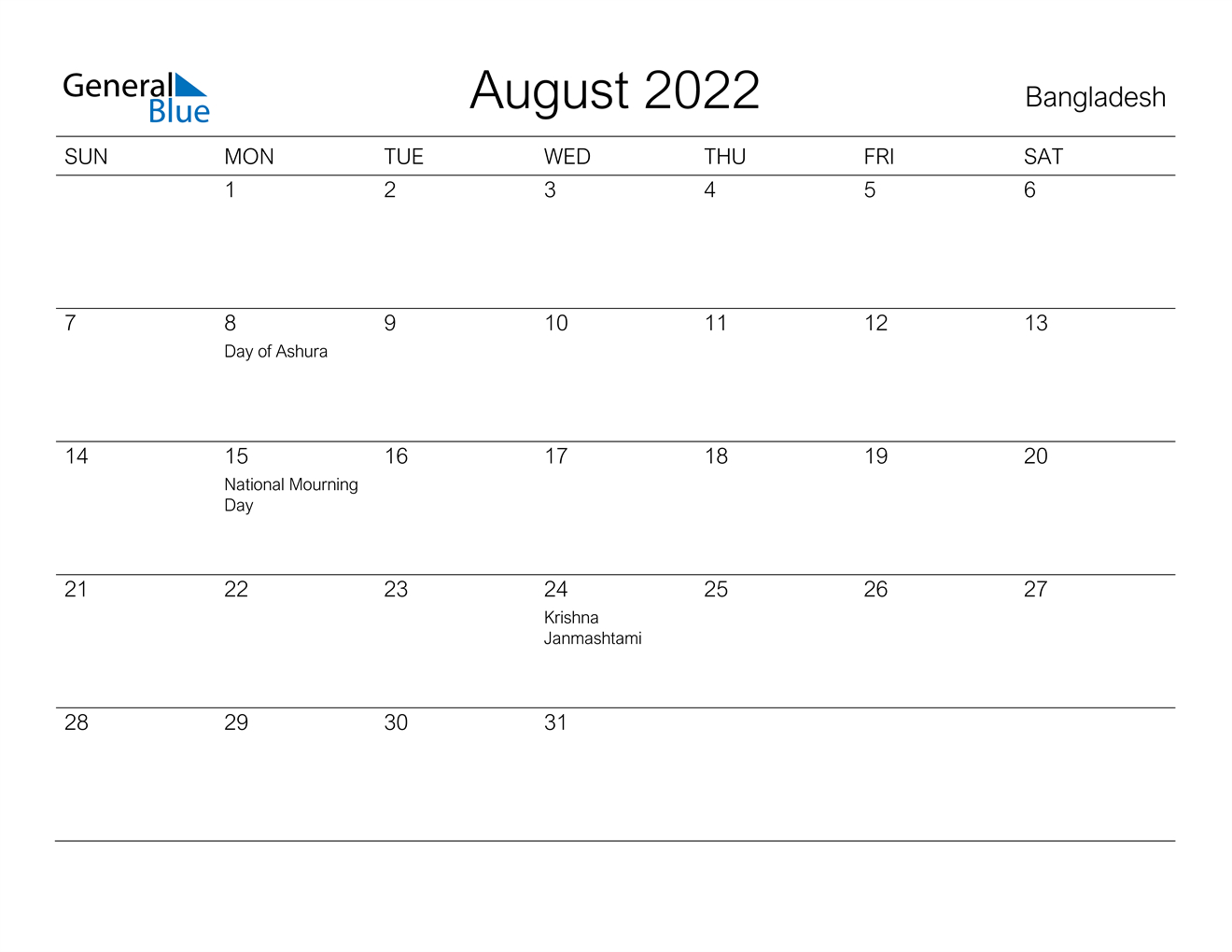 Bangladesh August 2022 Calendar With Holidays