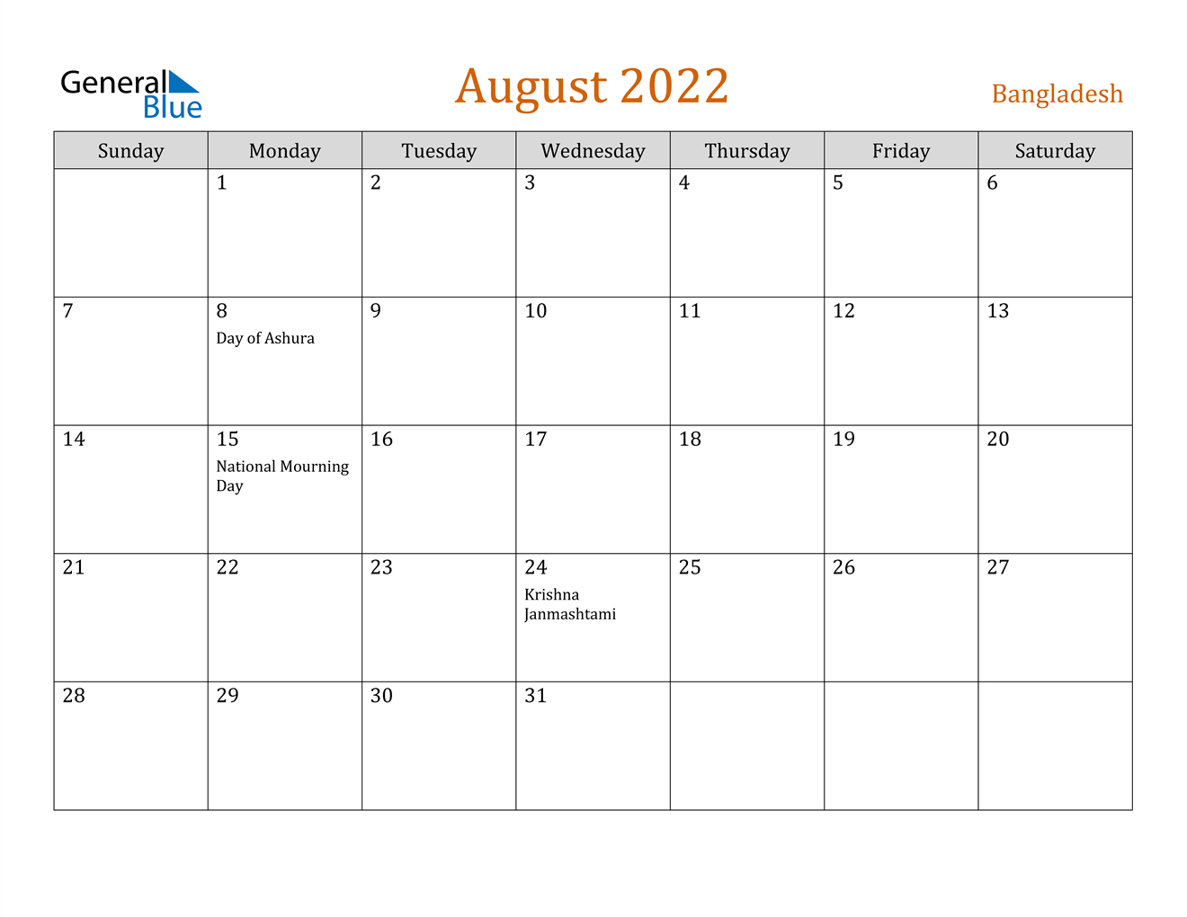 Bangladesh August 2022 Calendar With Holidays