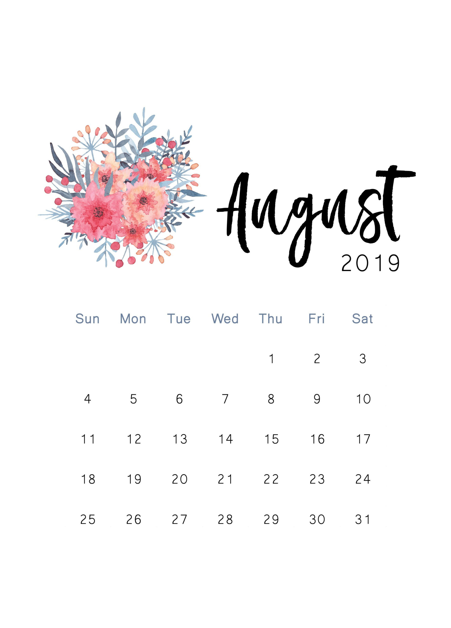 Blank August 2019 Calendar Printable Template - Editable