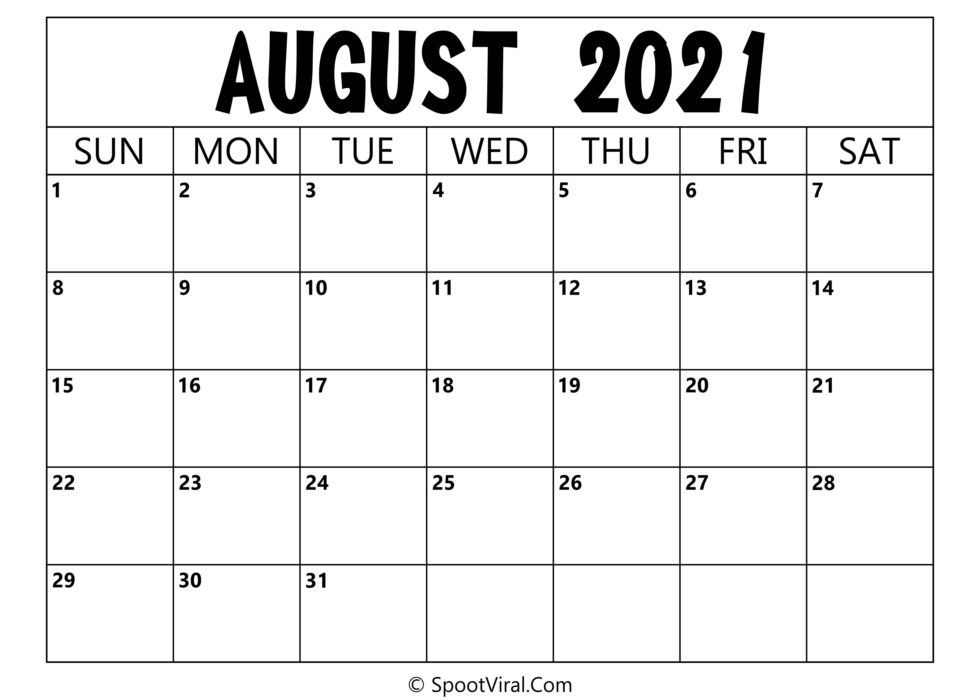 Blank August 2021 Calendar Printable - Latest Calendar