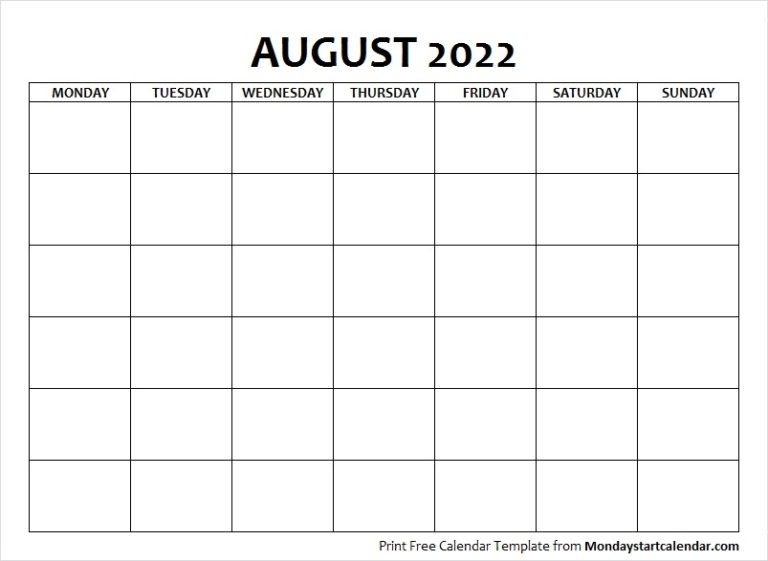 Blank August 2022 Calendar Monday Start Template To Print
