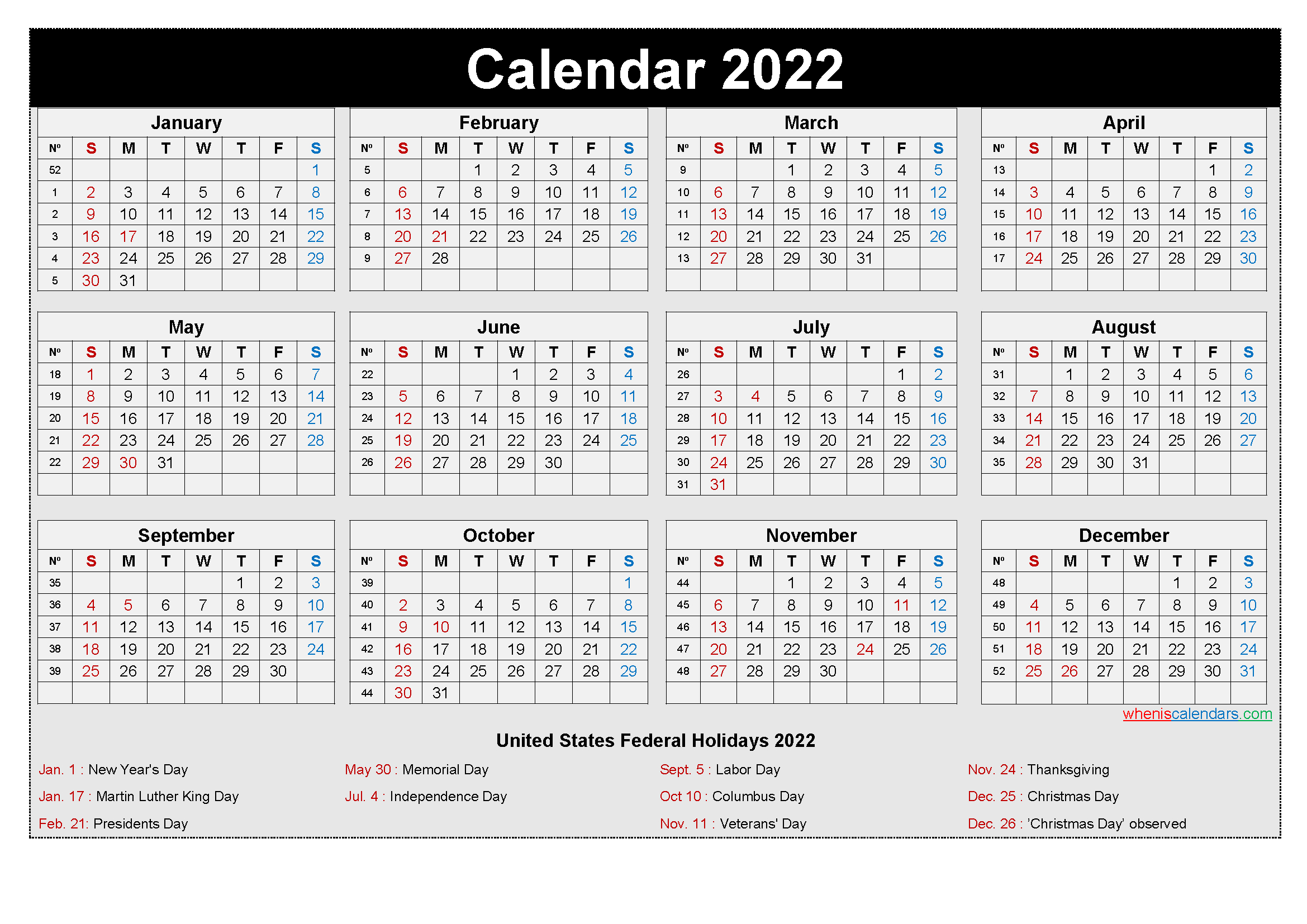 Blank Calendar 2022 With Us Holidays