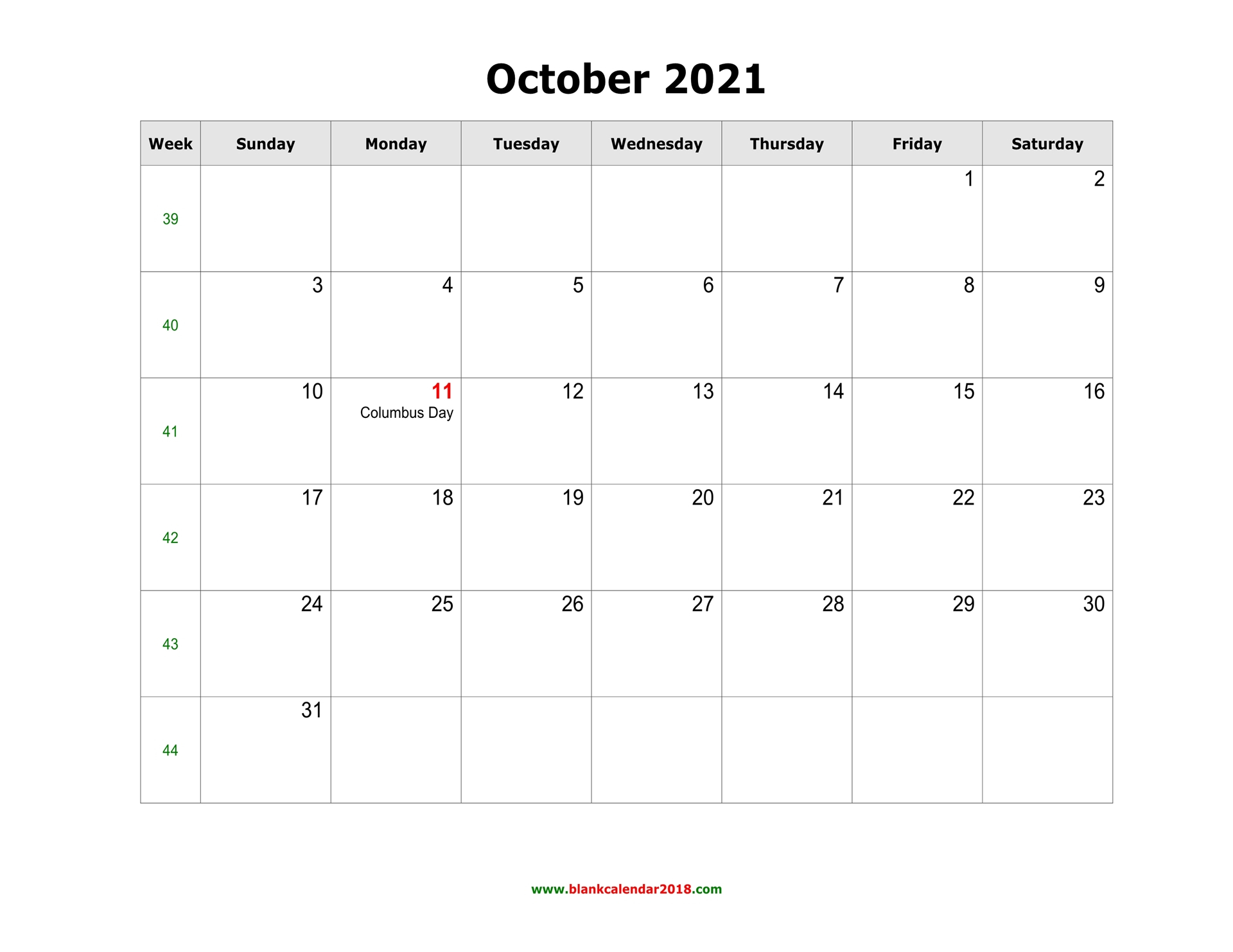 Blank Calendar For October 2021