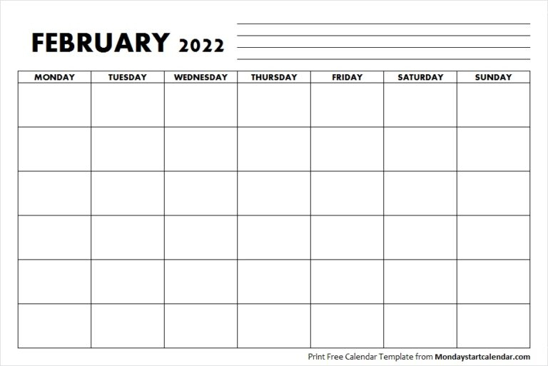 Blank February 2022 Calendar Monday Start Template To Print