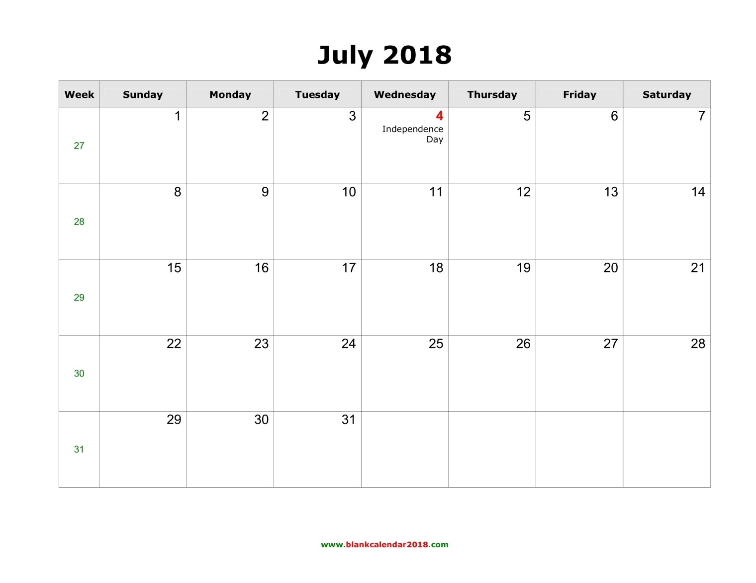 Blank Holidays Calendar July 2018 Landscape