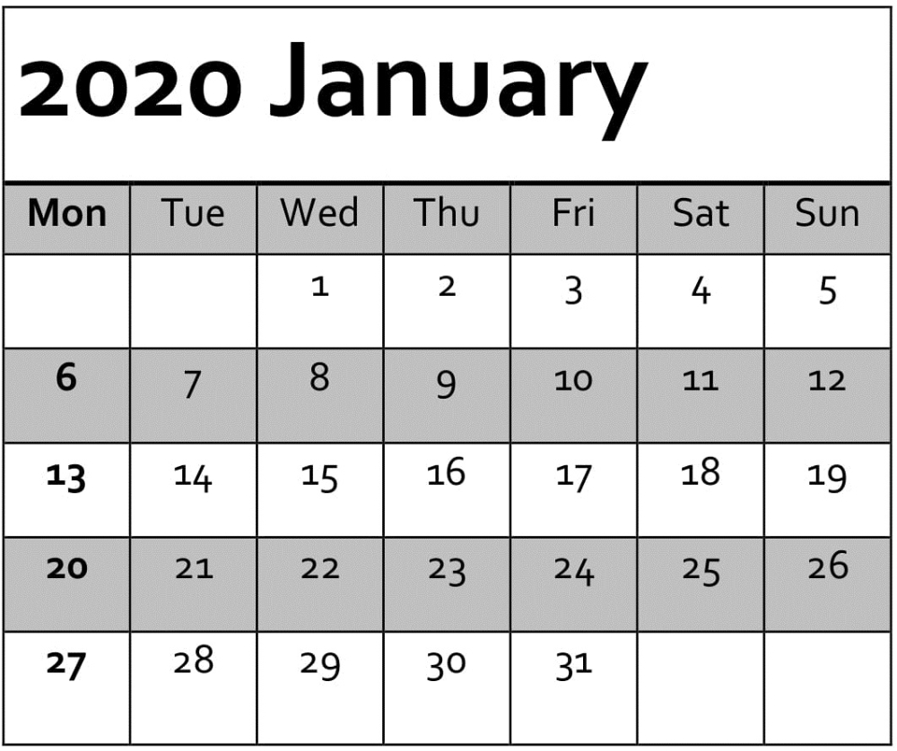 Blank January 2020 Calendar Template Google Docs | Weekly