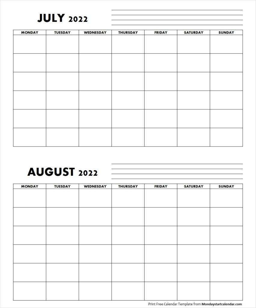 Blank July August 2022 Calendar Monday Start Template