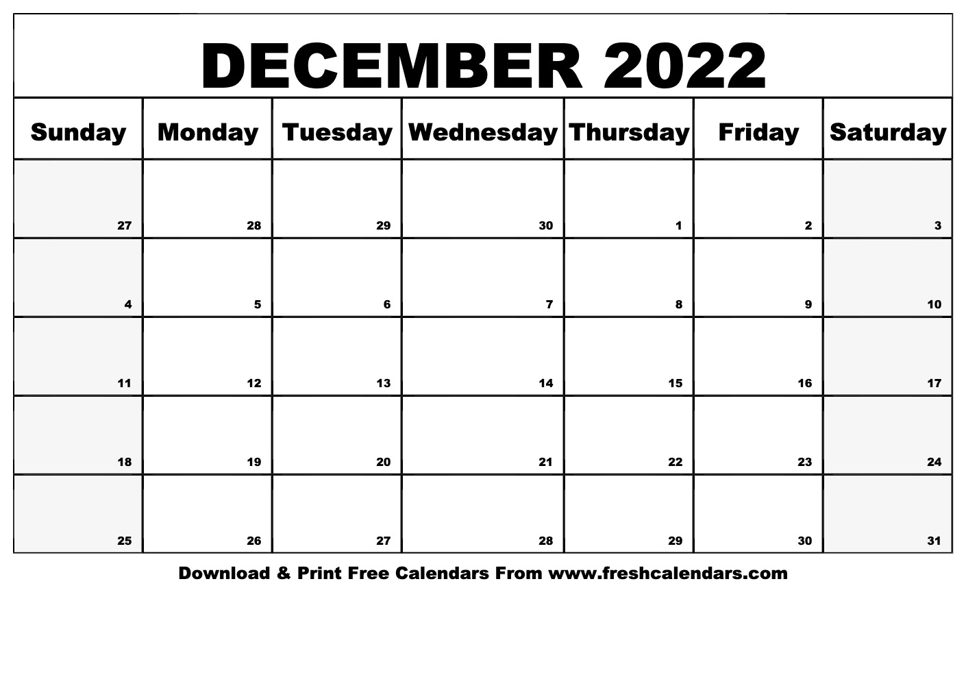 Blank Printable December 2022 Calendars