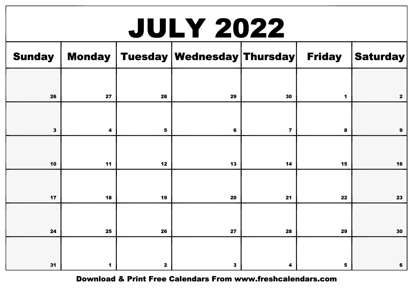 Blank Printable July 2022 Calendars