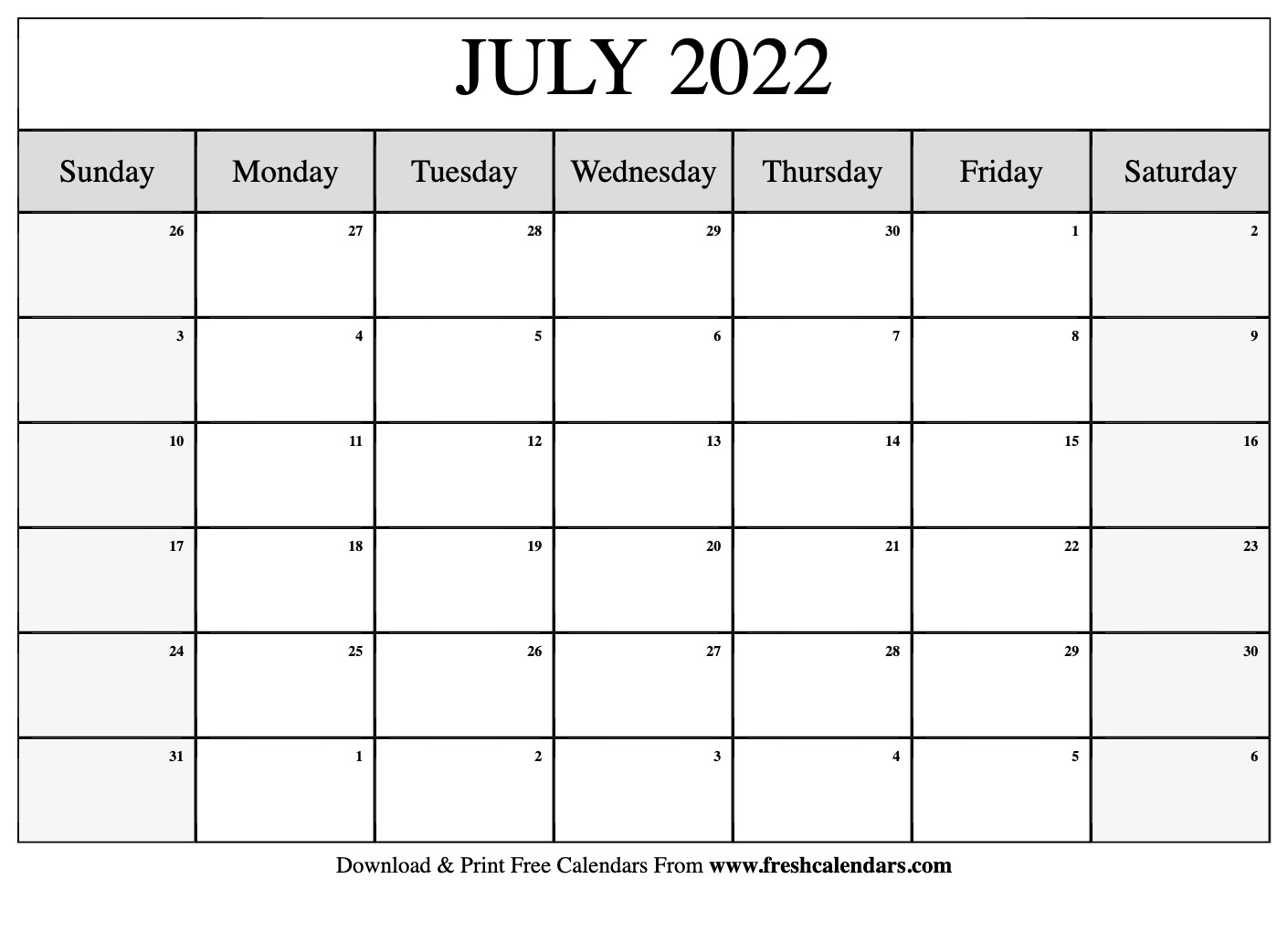 Blank Printable July 2022 Calendars