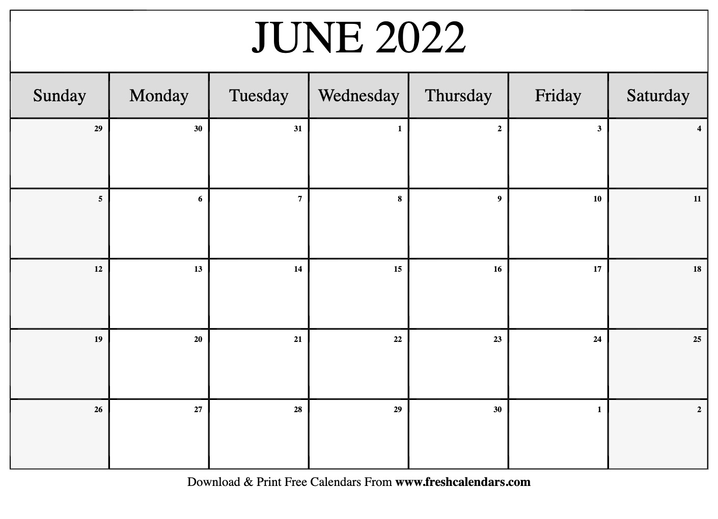 Blank Printable June 2022 Calendars