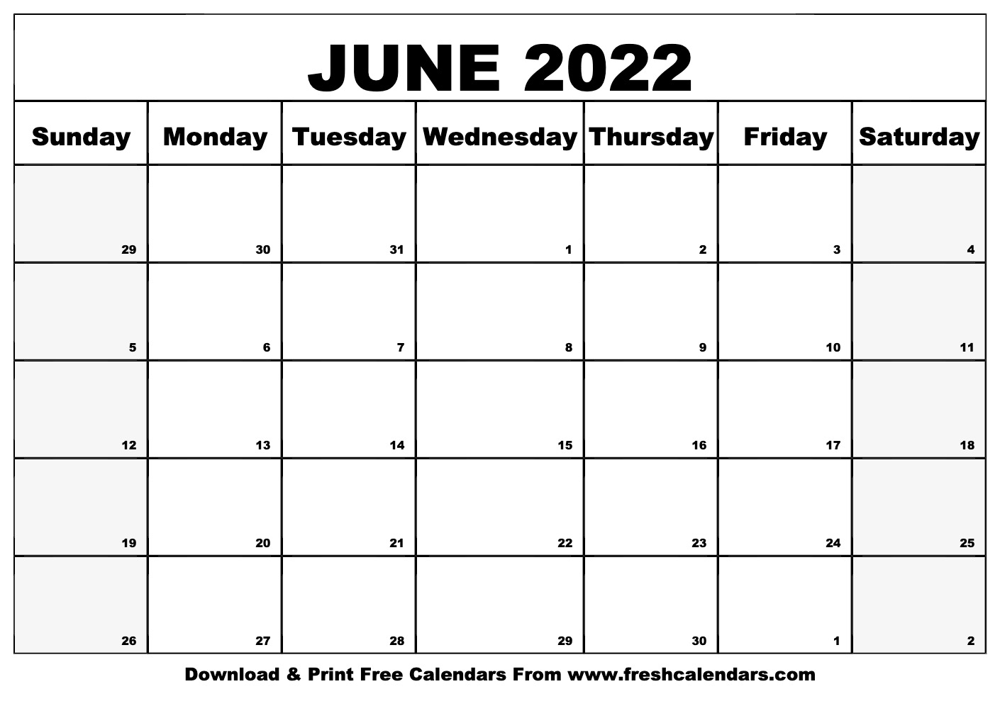 Blank Printable June 2022 Calendars