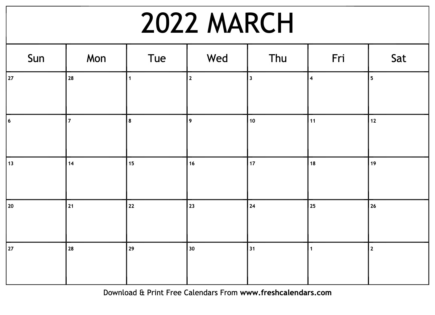 Blank Printable March 2022 Calendars