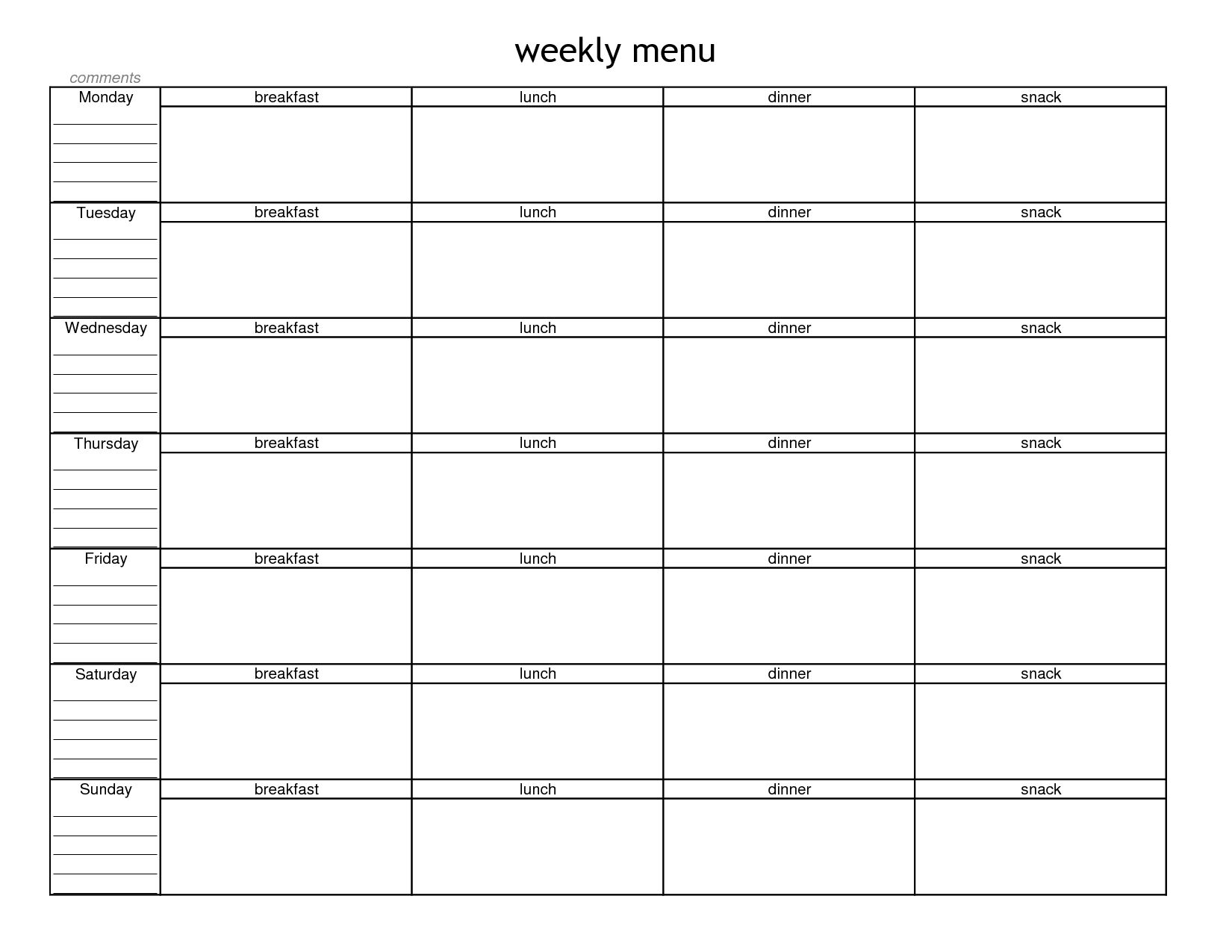 Blank Weekly Menu Planner Template | Menu Planning