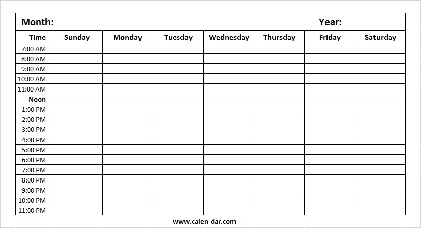 Blank Weekly Schedule Template With Times | Weekly