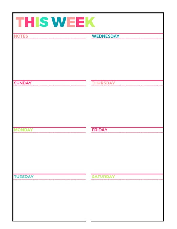 Bright Weekly Planner Printable Week On 1 Page