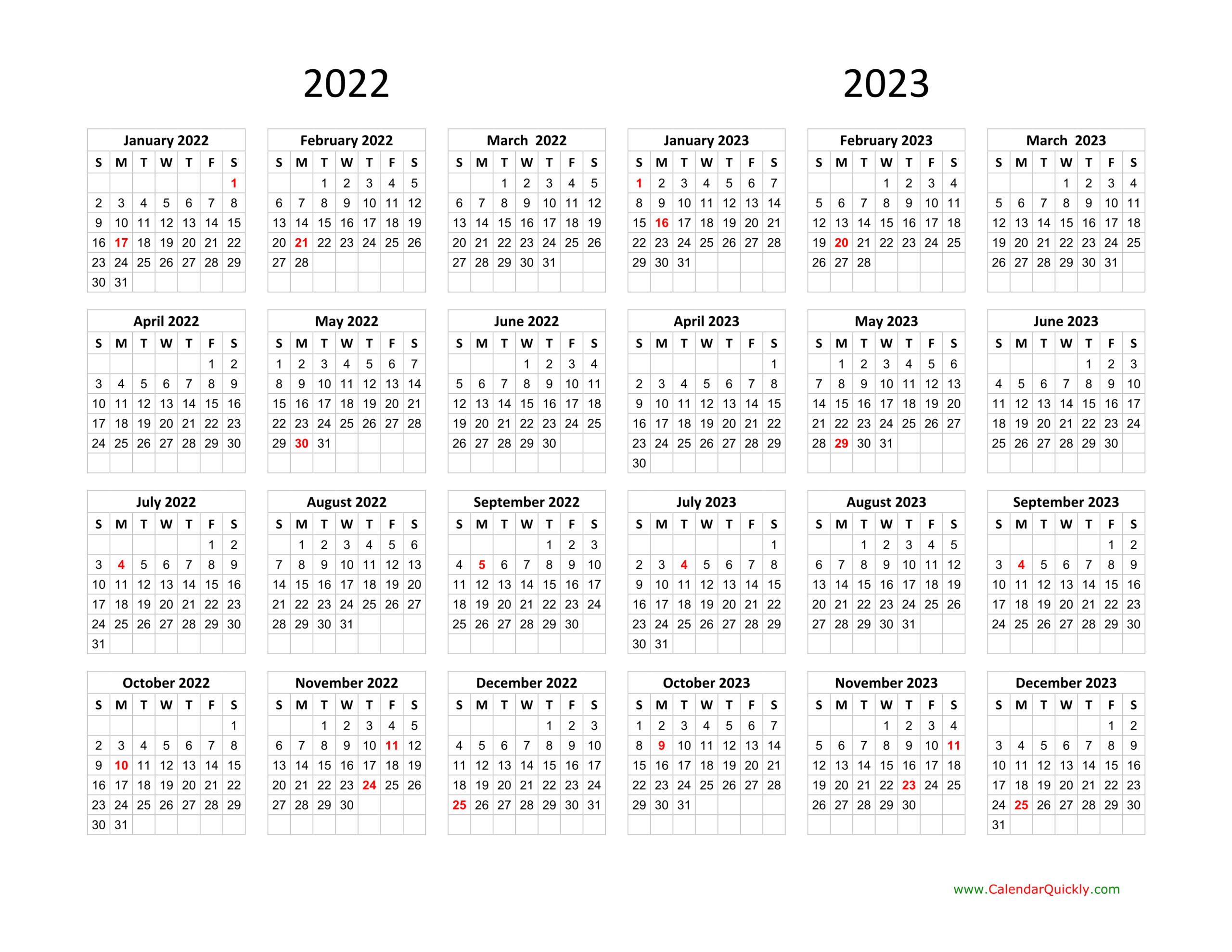 Calendar 2022 And 2023 On One Page | Calendar Quickly