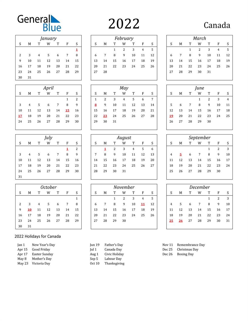 Calendar 2022 Canada Calendar