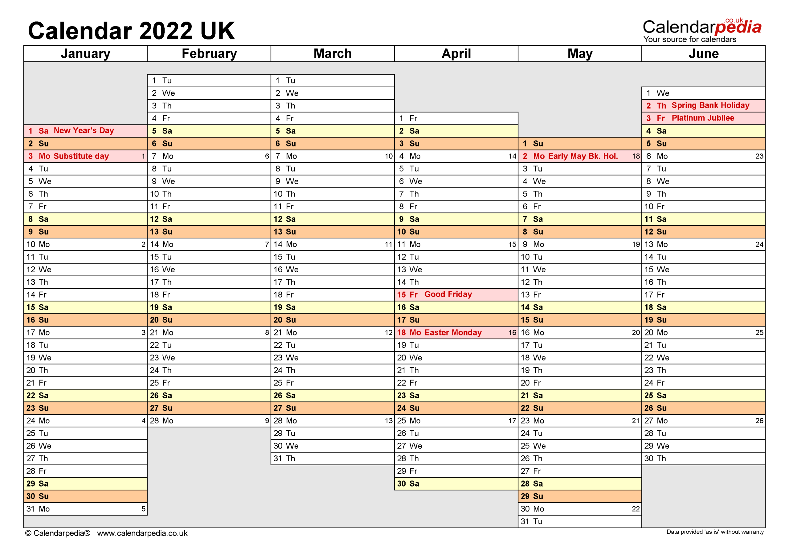 Calendar 2022 (Uk) - Free Printable Microsoft Word Templates