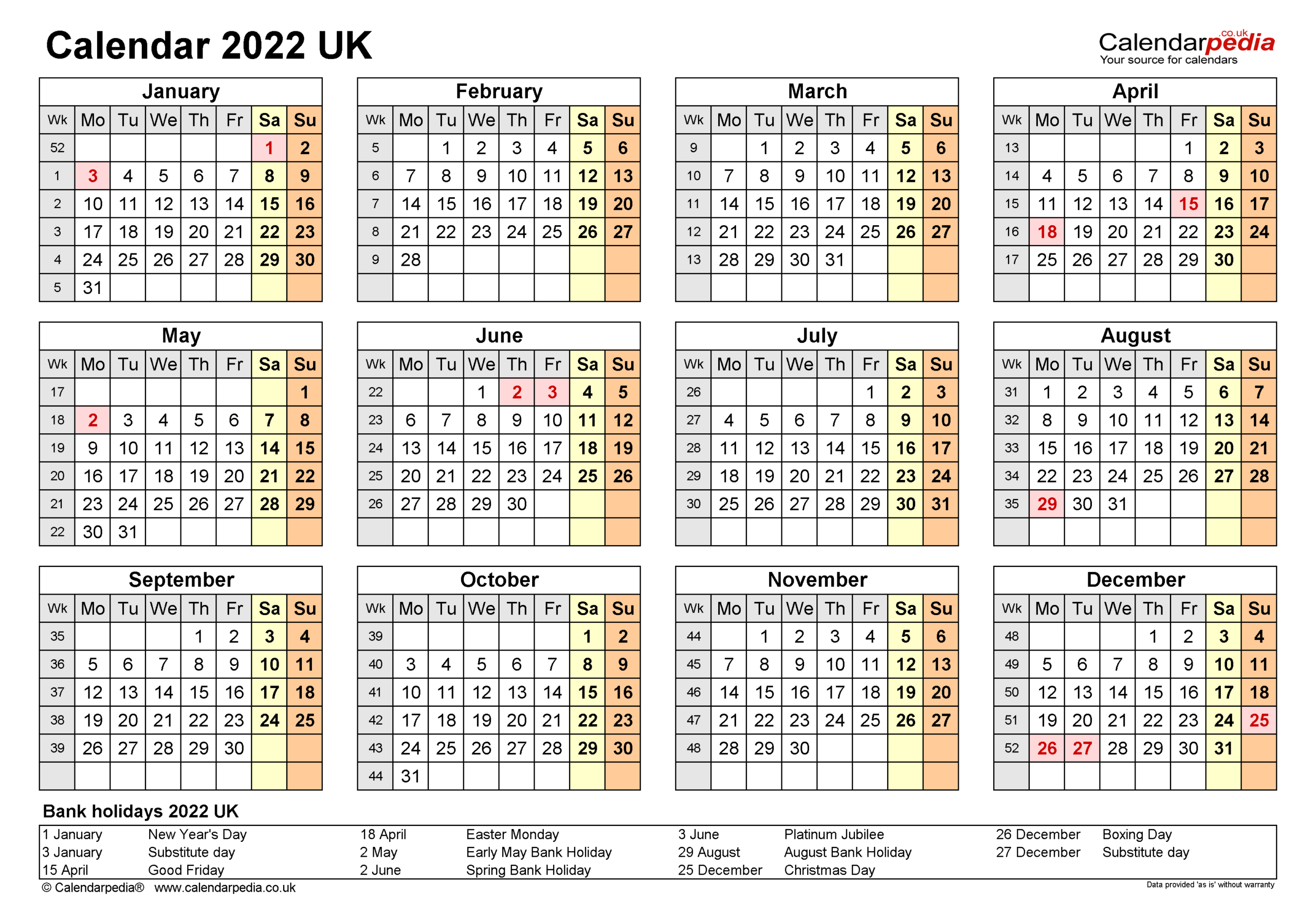 Calendar 2022 (Uk) - Free Printable Pdf Templates