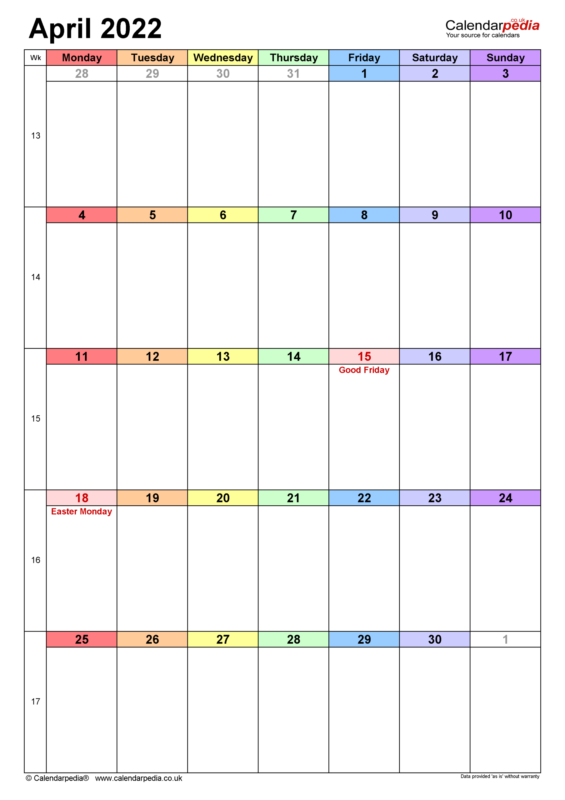 Calendar April 2022 (Uk) With Excel, Word And Pdf Templates