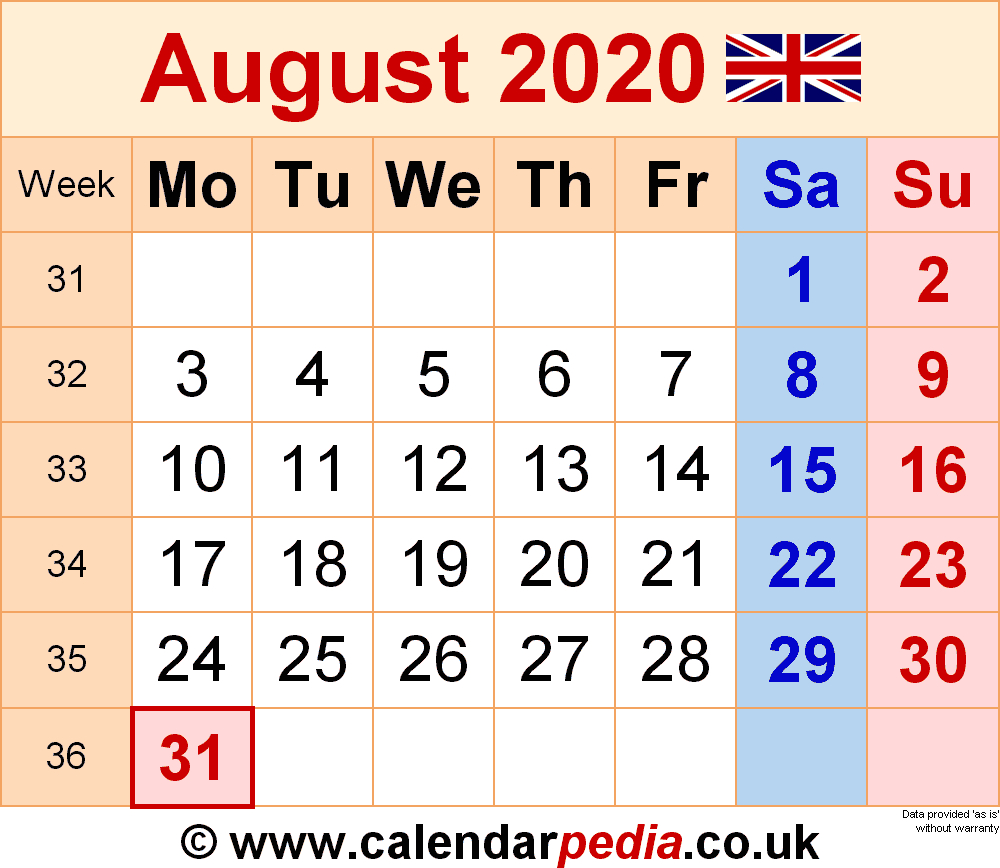 Calendar August 2020 Uk With Excel, Word And Pdf Templates